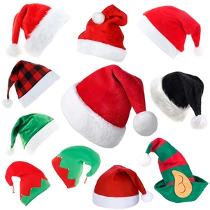 Christmas Santa Hat Plush Velvet Elf Hat With Bells Plaid Pattern For Adult Kids Holiday Party Decoration Festive Headwear