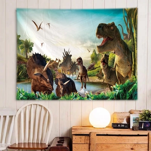 Dinosaur forest tapestry wall hanging for bedroom decor featuring T-Rex and Triceratops