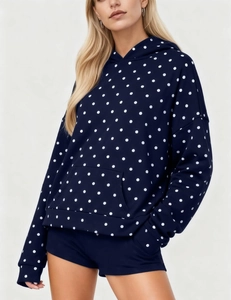 Polka dot printed navy blue hooded sweatshirt set for women with matching shorts