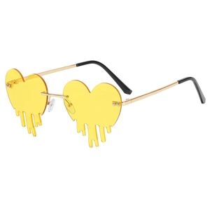 Unique heart-shaped metal rimless sunglasses with yellow dripping liquid lens design