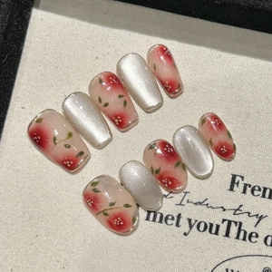 Faux Ongles À Presser Faits À La Main Motif Cerise Effet Œil De Chat Peints À La Main 3D Élégants Pour Femmes