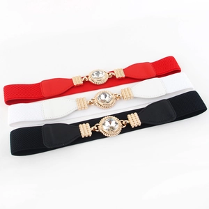 Elastic waist belt for women with sparkling crystal buckle in red, white and black colors