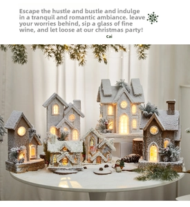 Close-up of lighted Christmas snow house miniature with warm LED lights and snow detail
