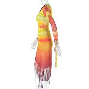 Detail of multi-color mesh gradient dress with ruched side and asymmetrical hem design