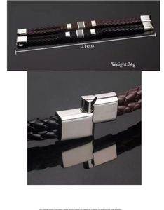 Detail view of woven leather men's bracelets with magnetic clasp, length and weight metrics