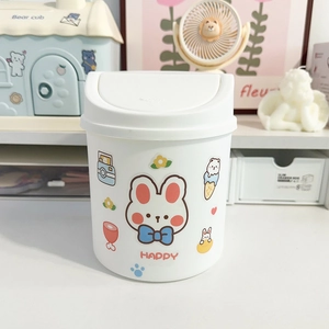 Cute white mini desktop trash can with press-top lid and cartoon rabbit design
