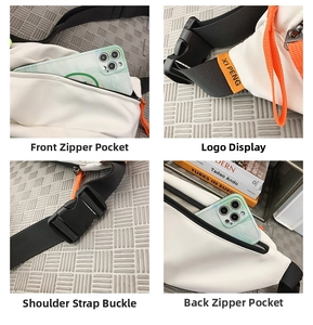 Detailed views of white waterproof crossbody bag with front zipper and plastic buckle
