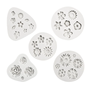Set of 5 white silicone flower and leaf molds for fondant and chocolate cake decorating