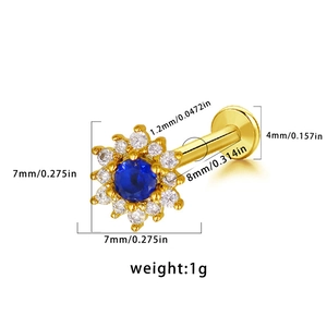 Detailed size chart of a 16G gold lip stud with blue stone and white zircon gems