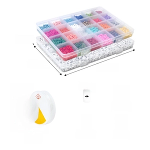 Detail view of 24-compartment DIY bead kit with dimensions and 0.8mm elastic cords