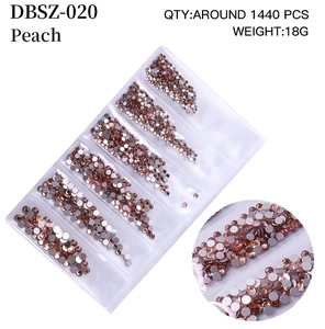 Macro detail of peach nail crystals in a 6-grid box with technical specifications