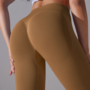 Close-up of seamless ribbed knit texture and push-up effect on coffee yoga pants