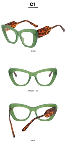 Three-way view of cat eye glasses showing green frames and tortoiseshell temples