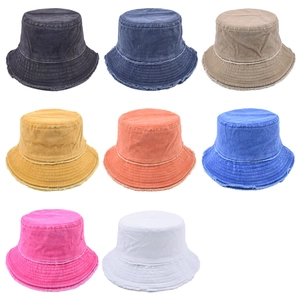 Frayed edge washed cotton bucket hats set in eight retro colors for outdoor sun protection