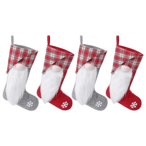 Set of 4 Christmas stockings with red and grey gnome designs on a white background