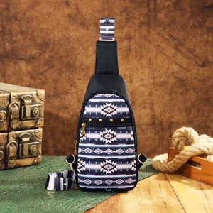 Detail of aztec bohemian sling bag featuring blue geometric patterns and gold zippers