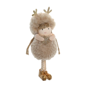 Plush Christmas reindeer girl doll with golden snowflake and boots on white background