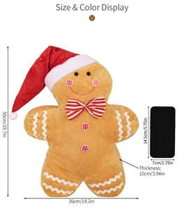 Gingerbread man plush toy size comparison showing 50cm height with a mobile phone