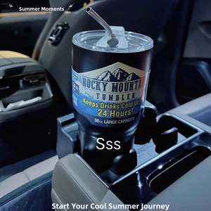 30oz stainless steel tumbler with straw shown in a car cup holder for travel