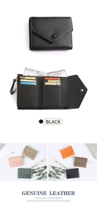 Detail view of tri-fold genuine leather wallet with lychee grain texture and multi-card slots