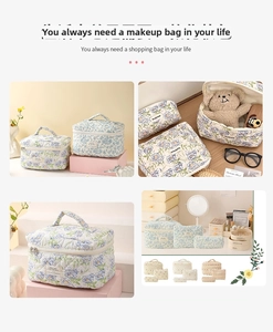 Detail view of floral quilted cotton makeup bag set with zip closure and top handle