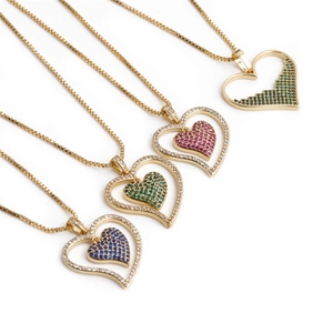 Golden double heart pendant necklace with colorful zircon stones on box chains