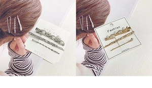 Detail view of gold and silver alloy hair clip sets with pearls and rhinestones