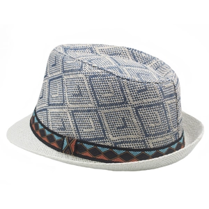 Summer men's straw trilby hat with geometric pattern and bohemian ribbon beach fedora