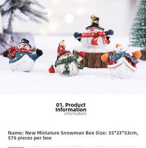 Macro detail of four mini resin snowmen figurines with festive hats on artificial snow