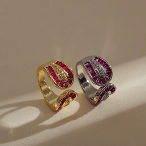 Gold and silver layered cross rings with red rubies and cubic zirconia accents