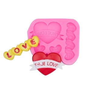 Pink silicone mold with heart, bear, and LOVE letters for DIY fondant and chocolate crafts