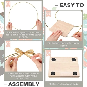 DIY floral hoop kit with metal ring and wooden base installation steps for wedding decor