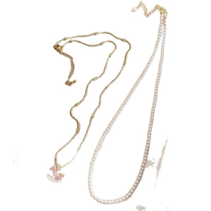 18K gold plated necklace set with rocking horse pendant and white pearl bead chain