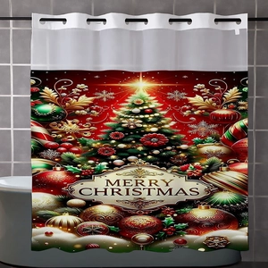 Christmas shower curtain with festive tree and Merry Christmas text for bathroom decor