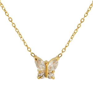 Macro detail of 18k gold butterfly pendant with sparkling cubic zirconia on fine link chain