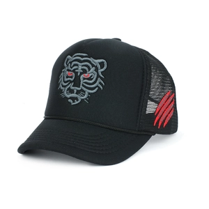 Black trucker hat featuring grey tiger embroidery and red scratch details on mesh