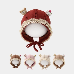 Cute Baby Knitted Hat With Lace Trim And Bear Decor Autumn Winter Warm Ear Protection Bonnet Infant Toddler Headwear