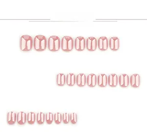 Detail view of 24 pieces oval nude pink press-on nails with shiny finish in various sizes