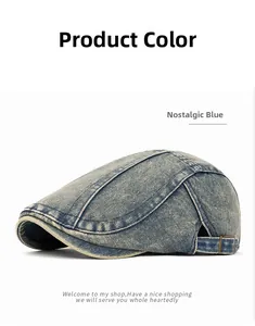 Detail view of washed denim flat cap in nostalgic blue with adjustable metal buckle