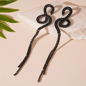 Snake Shape Long Tassel Earrings With Black Rhinestone Copper Twisted Dark Style Silver Earring Post
