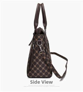 Side view of dark brown patterned tote bag with trapezoidal structure and brown handles
