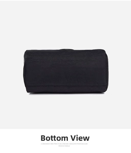 Detailed bottom view of black nylon multi-pocket crossbody bag with neat stitching