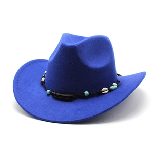 Detail of bright blue wool felt cowboy hat with shell and turquoise beaded band