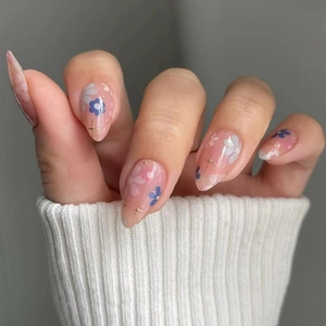 Press On Nails Artificial Fake Nail Tips Almond Shape Fresh Flower Pattern ABS Plastic Removable Floral Manicure Accessory