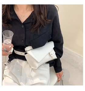 Minimalist white PU leather waist bag with square buckle detail on a model's outfit
