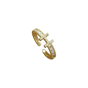Adjustable gold plated H ring with double cross design and sparkling zircon stones
