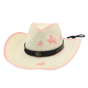 Close-up of straw cowboy hat featuring pink stars and bronze bull head emblem