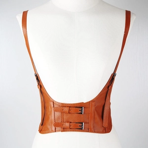 Brown punk style faux leather waist corset belt with shoulder straps and buckle back