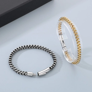 Polished stainless steel foxtail chain bracelets in silver and gold with spring clasps
