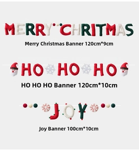Detailed view of three festive felt Christmas banners with various holiday motifs